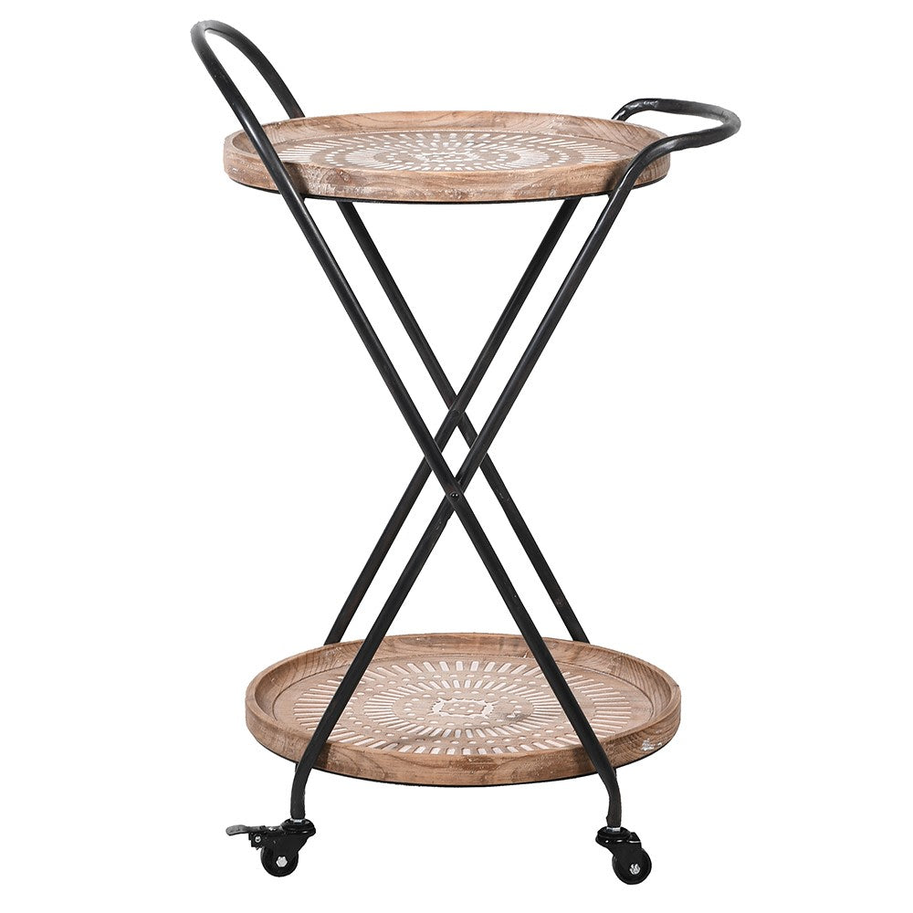 Brown and White Pattern Round Two Tier Drinks Trolley
